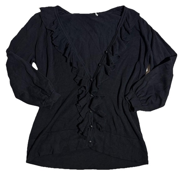 The Unbranded Brand Sweaters - Women's Black Ruffle Knit Cardigan Sweater Button Size Medium Whimsigoth Boho